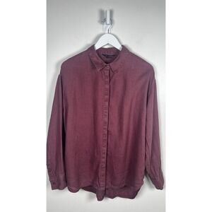 Athleta Playa Shirt Long Sleeve Button Up Size XL Wine 100% Linen Lagenlook
